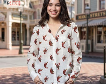 Crawfish Jazz Musicians Women's Button Down Shirt, Musical Lobster Button Up Blouse, Seafood Lover Gift, Louisiana Festival Outfit