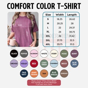 May include: A Comfort Color T-shirt in pepper color is displayed, with a size chart showing width and length measurements in inches. Color options include black, white, red, and blue jean. The text "COMFORT COLOR T-SHIRT" is at the top.