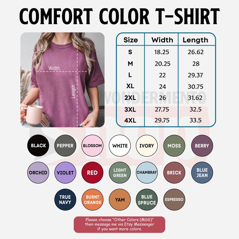 May include: A Comfort Color T-shirt in pepper color is displayed, with a size chart showing width and length measurements in inches. Color options include black, white, red, and blue jean. The text "COMFORT COLOR T-SHIRT" is at the top.
