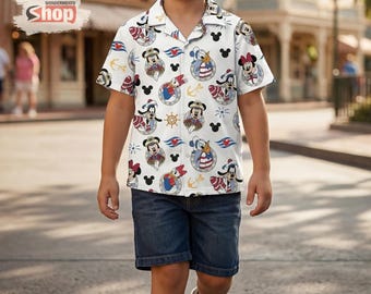 Kids Mickey Friends Cruise Hawaiian Shirt, Disney Toddler Button Up Shirt, Summer Vacation Outfit, Nautical Disney Trip Shirt For Boys