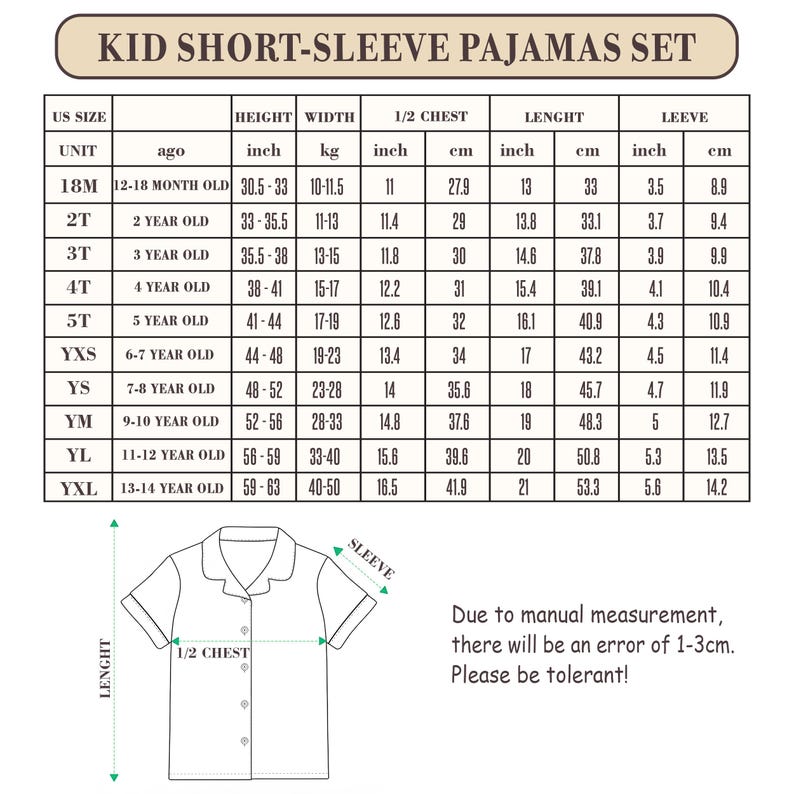 K&ouml;nnte beinhalten: Gr&ouml;&szlig;entabelle f&uuml;r kurz&auml;rmelige Kinder-Schlafanz&uuml;ge. Die Tabelle enth&auml;lt Ma&szlig;e in Zoll und Zentimetern f&uuml;r H&ouml;he, Breite, halbe Brust, L&auml;nge und &Auml;rmel. Gr&ouml;&szlig;en reichen von 12-18 Monaten bis 13-14 Jahren.