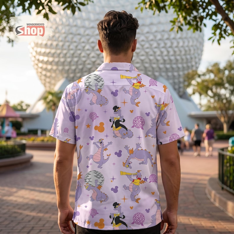 Figment Dragon Kids Hawaiian Shirt, Epcot Disney Button Up Shirt, Purple Dragon Vacation Outfit, Toddler Summer Tee image 6