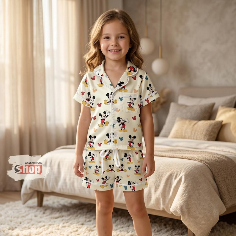 K&ouml;nnte beinhalten: Ein Kind tr&auml;gt einen cremefarbenen Schlafanzug mit einem sich wiederholenden Mickey Mouse-Muster in Rot, Schwarz, Gelb und Blau. Das Schlafanzugoberteil hat kurze &Auml;rmel und eine Knopfleiste. Die Shorts haben einen Kordelzug in der Taille. Das Logo "WONDERMENTO Shop" ist sichtbar.