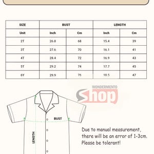 May include: A size chart for youth short sleeve Hawaiian shirts. Measurements are provided in inches and centimeters for bust and length. Sizes range from 2T to 6Y. The image also includes a shirt outline with bust and length indicators. The text says, "Due to manual measurement, there will be an error of 1-3cm. Please be tolerant!"
