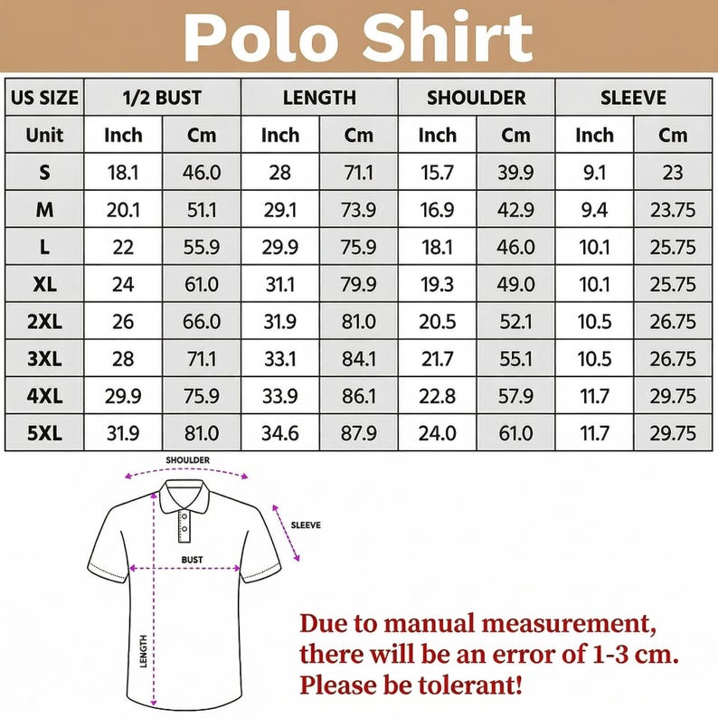 K&ouml;nnte beinhalten: Gr&ouml;&szlig;entabelle f&uuml;r Poloshirts mit Ma&szlig;en in Zoll und Zentimetern. Enth&auml;lt Brust-, L&auml;ngen-, Schulter- und &Auml;rmelma&szlig;e f&uuml;r die Gr&ouml;&szlig;en S bis 5XL. Eine Abbildung des Poloshirts zeigt die Messpunkte.