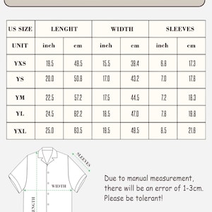 May include: A size chart for youth short sleeve Hawaiian shirts. The chart includes measurements in inches and centimeters for length, width, and sleeves, with sizes ranging from YXS to YXL. The text "Due to manual measurement, there will be an error of 1-3cm. Please be tolerant!" is also included.