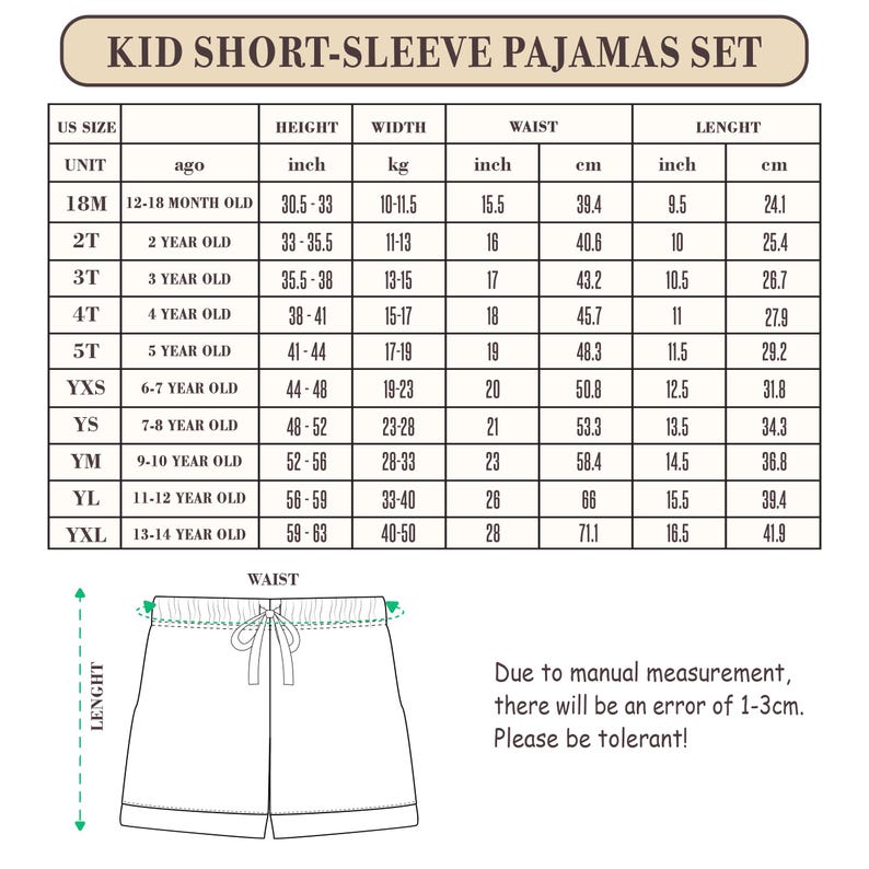 K&ouml;nnte beinhalten: Gr&ouml;&szlig;entabelle f&uuml;r kurz&auml;rmelige Pyjama-Sets f&uuml;r Kinder. Enth&auml;lt Ma&szlig;e in Zoll und Zentimetern f&uuml;r H&ouml;he, Taille und L&auml;nge. Gr&ouml;&szlig;en reichen von 12-18 Monaten bis 13-14 Jahren. Enth&auml;lt Taillenma&szlig;e in Zoll und Zentimetern.
