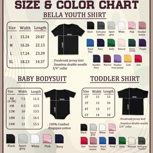 May include: Size and colour chart for Bella youth shirts, baby bodysuits, and toddler shirts. Includes size, width, and length measurements in inches. Colour swatches include black, navy, pink, and more. The text reads "Preshrunk jersey knit, seamless double-needle, 3/4" collar."