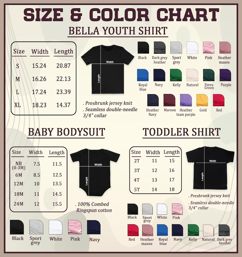 May include: Size and colour chart for Bella youth shirts, baby bodysuits, and toddler shirts. Includes size, width, and length measurements in inches. Colour swatches include black, navy, pink, and more. The text reads "Preshrunk jersey knit, seamless double-needle, 3/4" collar."