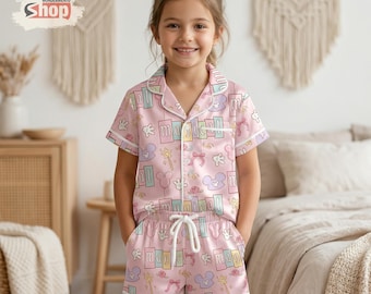 Magical Mickey Kids Satin Pajamas Set, Coquette Bow Disney Pajamas, Cute Pink Sleepwear for Girls, Soft Summer Nightwear Gift Idea