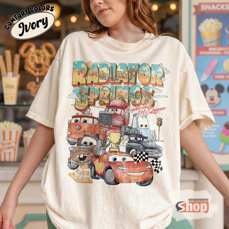 Retro Cars Movie Shirt, Radiator Springs Comfort Colors Tee, Lightning McQueen Shirt, Pixar Cars Disney Shirt, Family Trip Disney Tee image 3