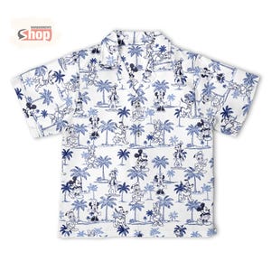 May include: A white short-sleeved button-down shirt featuring a repeating blue tropical print of palm trees and various cartoon characters including Mickey Mouse, Minnie Mouse, Donald Duck, Daisy Duck, Goofy, and Pluto. The shirt has a collar.