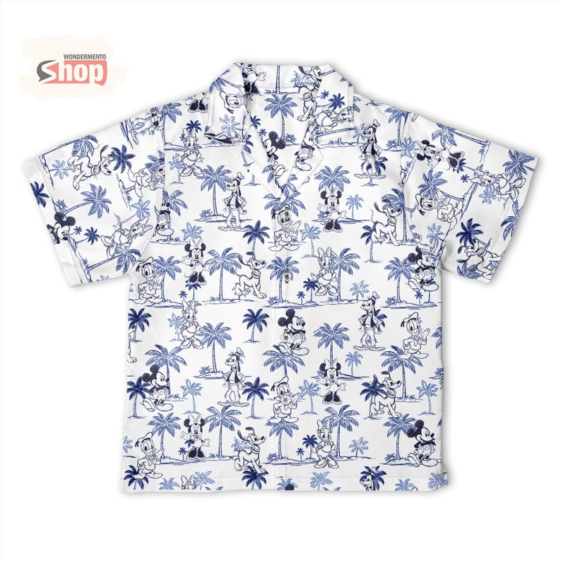 May include: A white short-sleeved button-down shirt featuring a repeating blue tropical print of palm trees and various cartoon characters including Mickey Mouse, Minnie Mouse, Donald Duck, Daisy Duck, Goofy, and Pluto. The shirt has a collar.