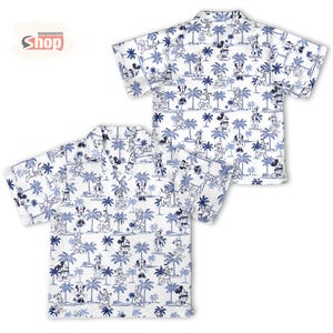 May include: A white short-sleeve button-down shirt featuring a repeating blue tropical print of palm trees and various cartoon characters including Mickey Mouse, Minnie Mouse, Donald Duck, and Goofy. The shirt has a collar and a buttoned front.