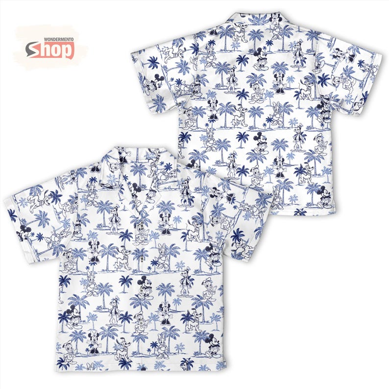May include: A white short-sleeve button-down shirt featuring a repeating blue tropical print of palm trees and various cartoon characters including Mickey Mouse, Minnie Mouse, Donald Duck, and Goofy. The shirt has a collar and a buttoned front.