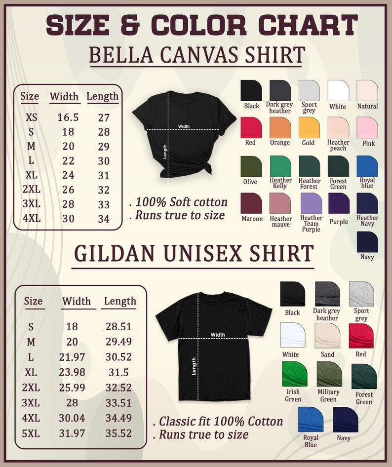 May include: A size and colour chart for Bella Canvas and Gildan unisex shirts. The chart displays shirt sizes, measurements in inches, and colour options. The Bella Canvas chart includes sizes XS to 4XL, while the Gildan chart includes sizes S to 5XL.