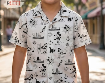 Vintage Steamboat Cartoon Kids Hawaiian Shirt, Retro 1928 Cruise Youth Button Up, Family Vacation Summer Outfit