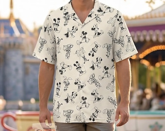 Retro Sketch Mickey and Friends Hawaiian Shirt, Vintage Black and White Disney Button Up, Classic Disneyland Vacation Shirt