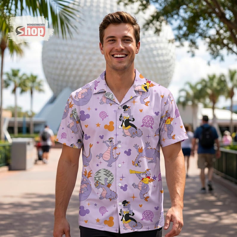 Figment Dragon Kids Hawaiian Shirt, Epcot Disney Button Up Shirt, Purple Dragon Vacation Outfit, Toddler Summer Tee image 5