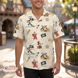 Retro Pirate Mickey and Friends Hawaiian Shirt, Disney Cruise Button Up Shirt, Tropical Vacation Shirt for Men, Disney Cruise Trip Outfit