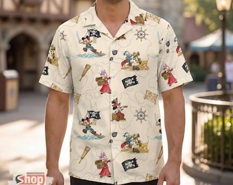 Retro Pirate Mickey and Friends Hawaiian Shirt, Disney Cruise Button Up Shirt, Tropical Vacation Shirt for Men, Disney Cruise Trip Outfit