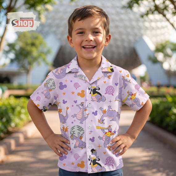 Figment Dragon Kids Hawaiian Shirt, Epcot Disney Button Up Shirt, Purple Dragon Vacation Outfit, Toddler Summer Tee
