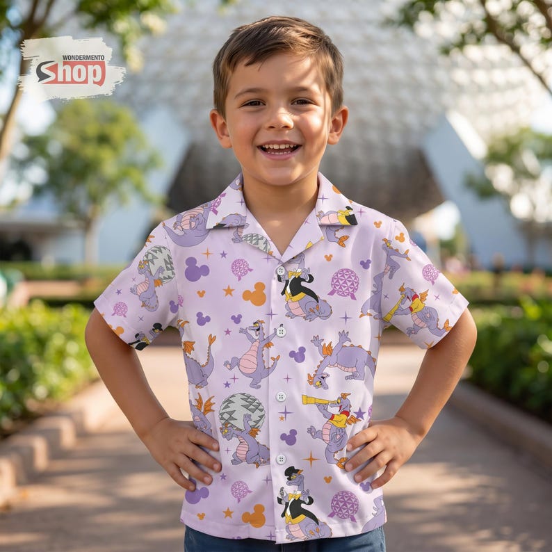 Figment Dragon Kids Hawaiian Shirt, Epcot Disney Button Up Shirt, Purple Dragon Vacation Outfit, Toddler Summer Tee image 1
