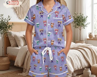 Kids Super Kitties Pajamas Set Satin Short PJs, Cartoon Cat Sleepwear Toddler Girls Summer Nightwear Birthday Gift Cute Lounge Set
