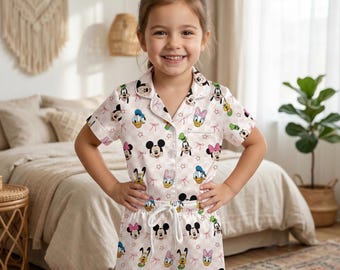 Mickey And Friends Kids Pajama Set, Cute Coquette Disney Short Sleeve PJs, Girls Toddler Summer Sleepwear, Mickey Mouse Outfit Gift