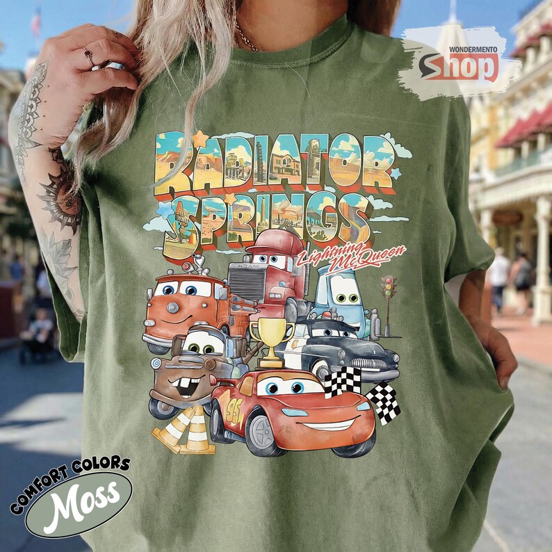 Retro Cars Movie Shirt, Radiator Springs Comfort Colors Tee, Lightning McQueen Shirt, Pixar Cars Disney Shirt, Family Trip Disney Tee image 2