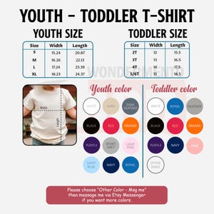 May include: A graphic showing youth and toddler t-shirt size charts with measurements in inches. Color options include white, black, red, orange, and more. The text reads "YOUTH - TODDLER T-SHIRT".
