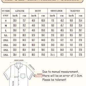 May include: A size chart for an adult Hawaiian shirt featuring a table with US sizes from S to 5XL, listing length, bust, shoulder, and sleeve measurements in inches and centimeters. A line drawing of a shirt illustrates these measurement points.