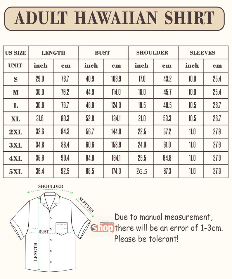May include: A size chart for an adult Hawaiian shirt featuring a table with US sizes from S to 5XL, listing length, bust, shoulder, and sleeve measurements in inches and centimeters. A line drawing of a shirt illustrates these measurement points.