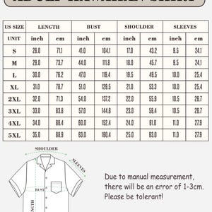 May include: Detailed size chart for an adult Hawaiian shirt, including measurements in inches and centimeters for length, bust, shoulder, and sleeves. Sizes range from S to 5XL. The chart also includes a diagram of the shirt with labeled measurement points.