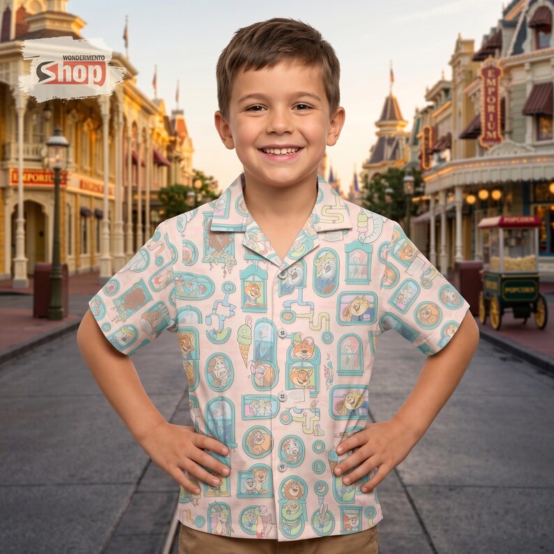 May include: A light pink button-up shirt with a repeating pattern of cartoon characters in various frames. The shirt has short sleeves and a camp collar. The Wondermento Shop logo is in the upper left corner.