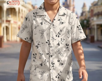 Retro Sketch Mickey And Friends Kids Hawaiian Shirt, Toddler Youth Disney Button Up Shirt, Disney Family Vacation Summer Park Shirt