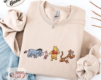 Embroidered Pooh and Friends Sweatshirt, Winnie Bear Piglet Tigger Eeyore Crewneck, Cute Cartoon Friends Gift, Cozy Character Pullover