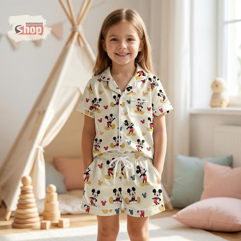 K&ouml;nnte beinhalten: Ein Kind tr&auml;gt einen cremefarbenen Pyjama mit einem sich wiederholenden Mickey Mouse-Muster. Das kurz&auml;rmelige Oberteil hat eine Tasche und Kn&ouml;pfe, und die Shorts haben einen Kordelzug in der Taille. Das Pyjama-Set ist rot und wei&szlig; eingefasst.
