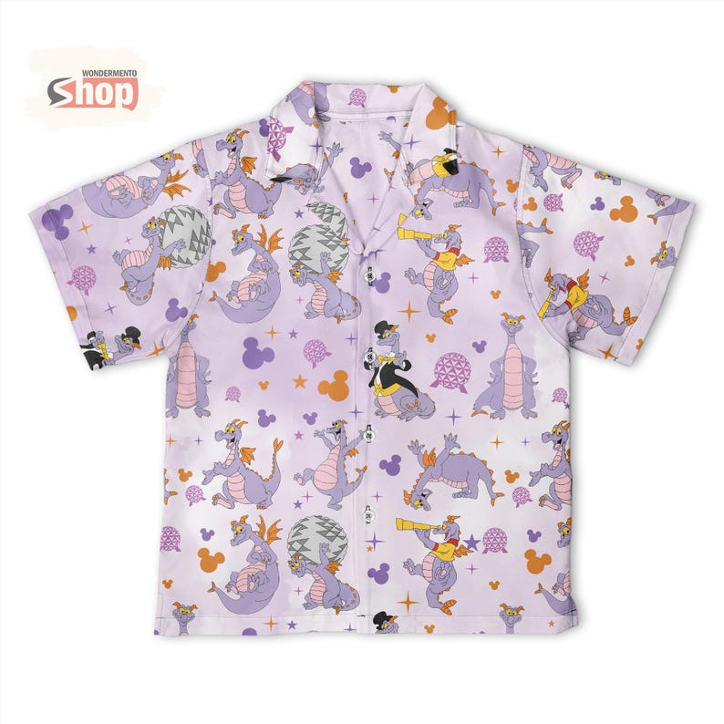 Figment Dragon Kids Hawaiian Shirt, Epcot Disney Button Up Shirt, Purple Dragon Vacation Outfit, Toddler Summer Tee image 9