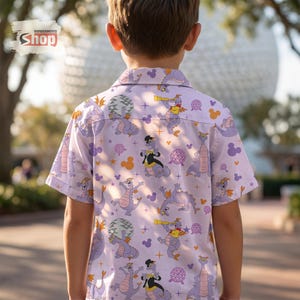 Figment Dragon Kids Hawaiian Shirt, Epcot Disney Button Up Shirt, Purple Dragon Vacation Outfit, Toddler Summer Tee image 2