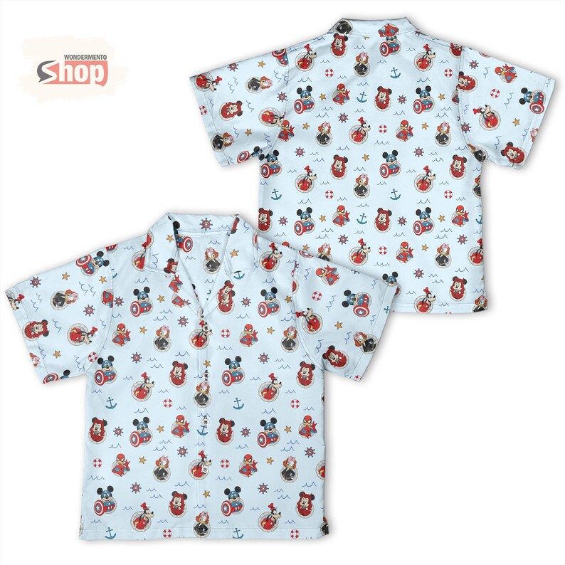 May include: A light blue short-sleeve button-down shirt featuring an all-over print of cartoon characters including Mickey Mouse and Spider-Man, interspersed with nautical symbols like anchors, ship wheels, and life preservers on a white background.