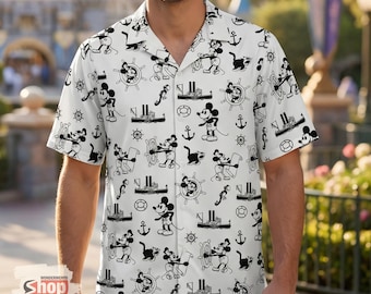Mickey Mouse Steamboat Willie Hawaiian Shirt, Vintage 1928 Disney Button Down, Retro Disneyland Family Vacation Outfit