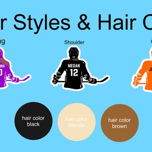 K&ouml;nnte beinhalten: Illustration von drei Hockey-Spielerinnen mit verschiedenen Frisuren und Haarfarben. Die erste Spielerin hat langes Haar und tr&auml;gt ein lila Trikot mit dem Namen Brianna und der Nummer 10. Die zweite Spielerin hat schulterlanges Haar und tr&auml;gt ein schwarzes Trikot mit dem Namen Megan und der Nummer 12. Die dritte Spielerin hat lockiges Haar und tr&auml;gt ein orangefarbenes Trikot mit dem Namen Jessie und der Nummer 4. Unter den Spielerinnen befinden sich drei Kreise mit den Worten "Haarfarbe schwarz", "Haarfarbe blond" und "Haarfarbe braun".