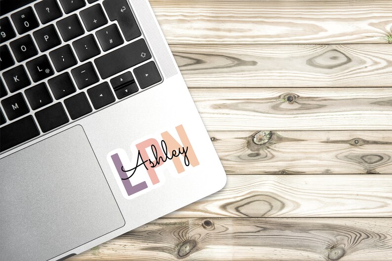 May include: A sticker with the letters LPN in pink, orange, and purple with the name Ashley written in cursive underneath.