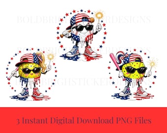 Softball goutte à goutte png, mascotte de baseball softball patriotique PNG Bundle, conception de sublimation de baseball softball, chemise du 4 juillet, 250e anniversaire