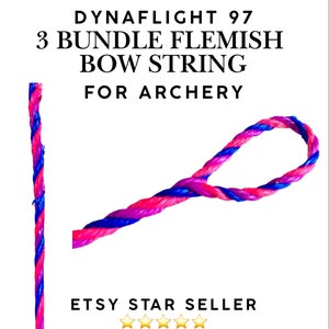 May include: A close-up of a Flemish bow string for archery. The string is a bundle of twisted pink, blue, and purple fibers. Text on the image reads "DYNAFLIGHT 97 3 BUNDLE FLEMISH BOW STRING FOR ARCHERY" and "STACKED ARCHERY".