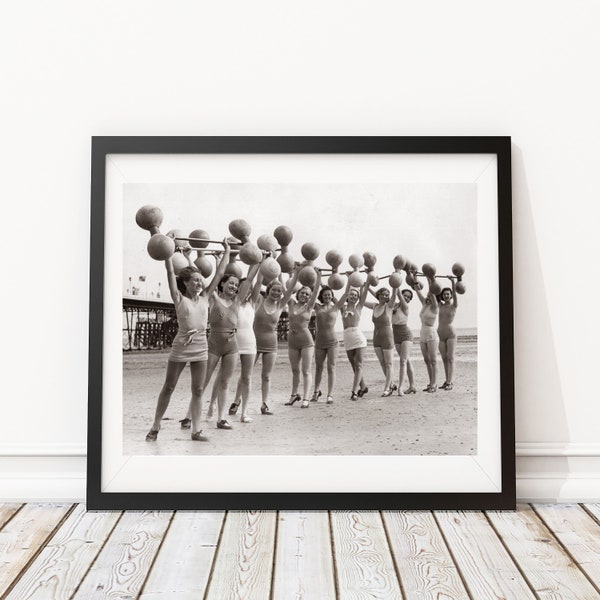 Vintage Photo - 1930's Fitness Women lifting Barbells Weights on the Beach - Photography Wall Art, Speakeasy, Bar Art, Decor, Print