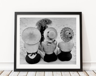 Vintage Photo - Women on the Beach 1950's Fashion Hats  - Photography, Black & White, Wall Art, Bar Art, Decor, Print