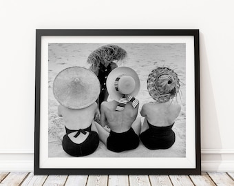 Vintage Photo - Women on the Beach 1950&#39;s Fashion Hats  - Photography, Black & White, Wall Art, Bar Art, Decor, Print