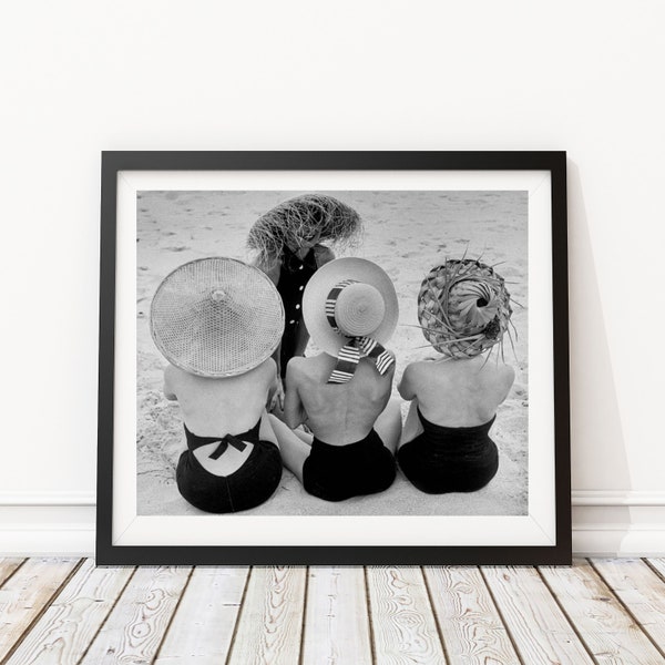 Vintage Photo - Women on the Beach 1950's Fashion Hats  - Photography, Black & White, Wall Art, Bar Art, Decor, Print